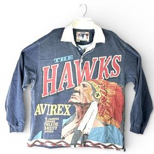 Avirex the Hawks MenS Rugby Polo Shirt XXL BLUE WHITE VTG NATIVE AMERICAN VTG